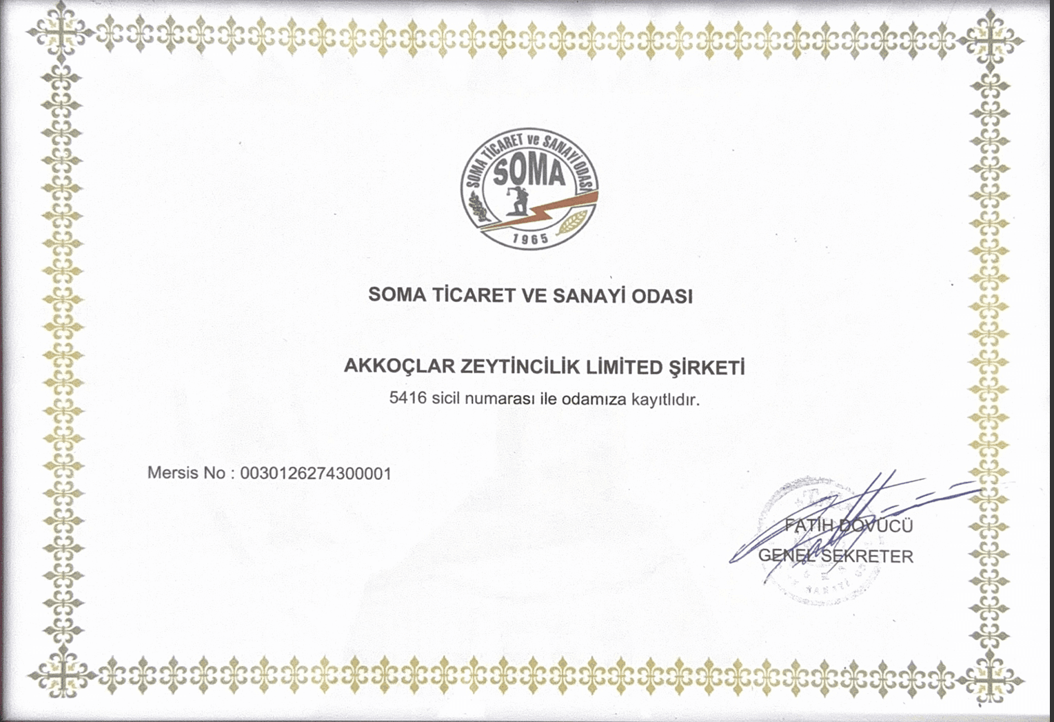 SOMA Chamber of Commerce registration — Akkoçlar Zeytincilik Ltd. Şti.